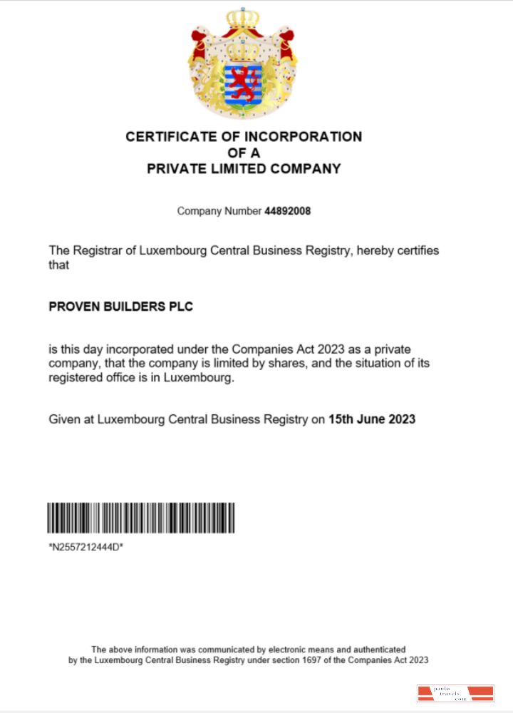 Luxembourg business registration certificate Word and PDF template